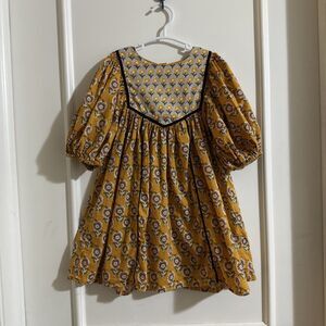 Zara Girls 4-5 Dress Yellow Black Trim 110 Cm Puff Sleeve Boho Flowy Floral